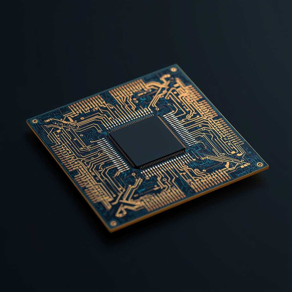 Abstract 3D render of a microchip processor with glowing gold and blue circuits, dark background, macro photography style, no humans